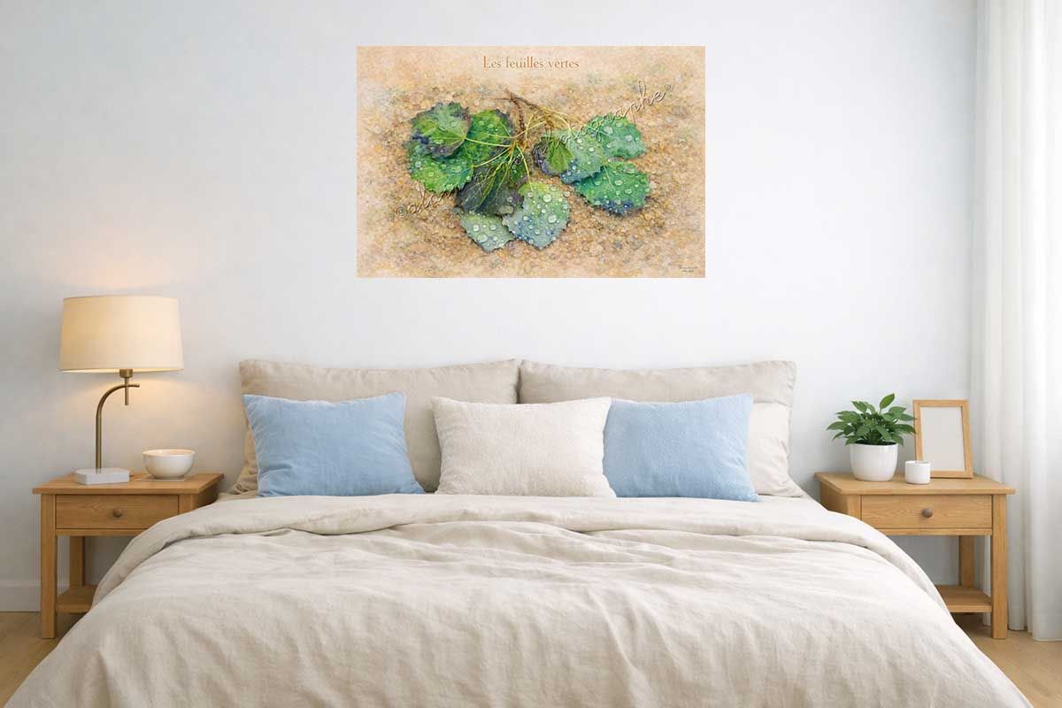 affiche vintage les feuilles vertes, présentée ici en décoration dans une chambre