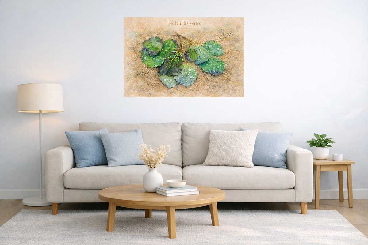 affiche vintage les feuilles vertes, présentée ici en décoration dans un salon