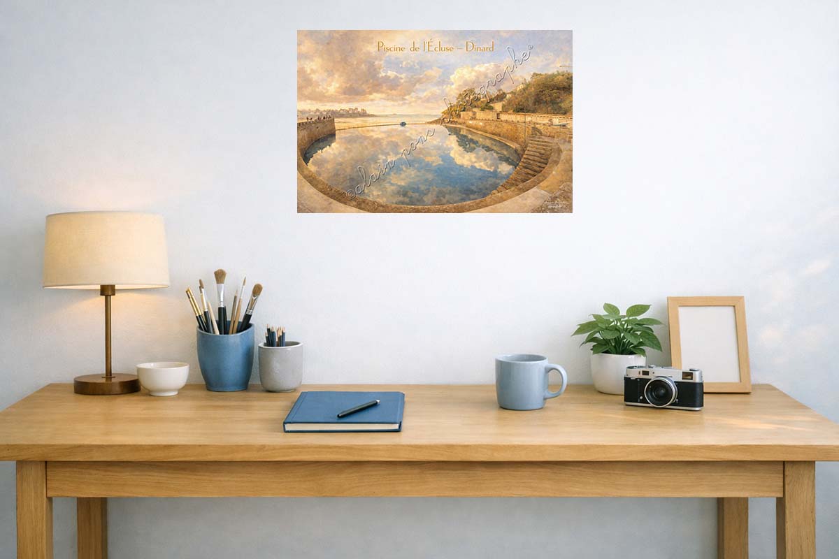 Affiche vintage piscine de l'écluse à Dinard, présentée ici dans un bureau en idée de décoration