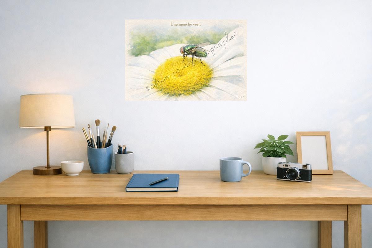 affiche vintage une mouche verte présentée ici en suggestion de décoration dans un bureau