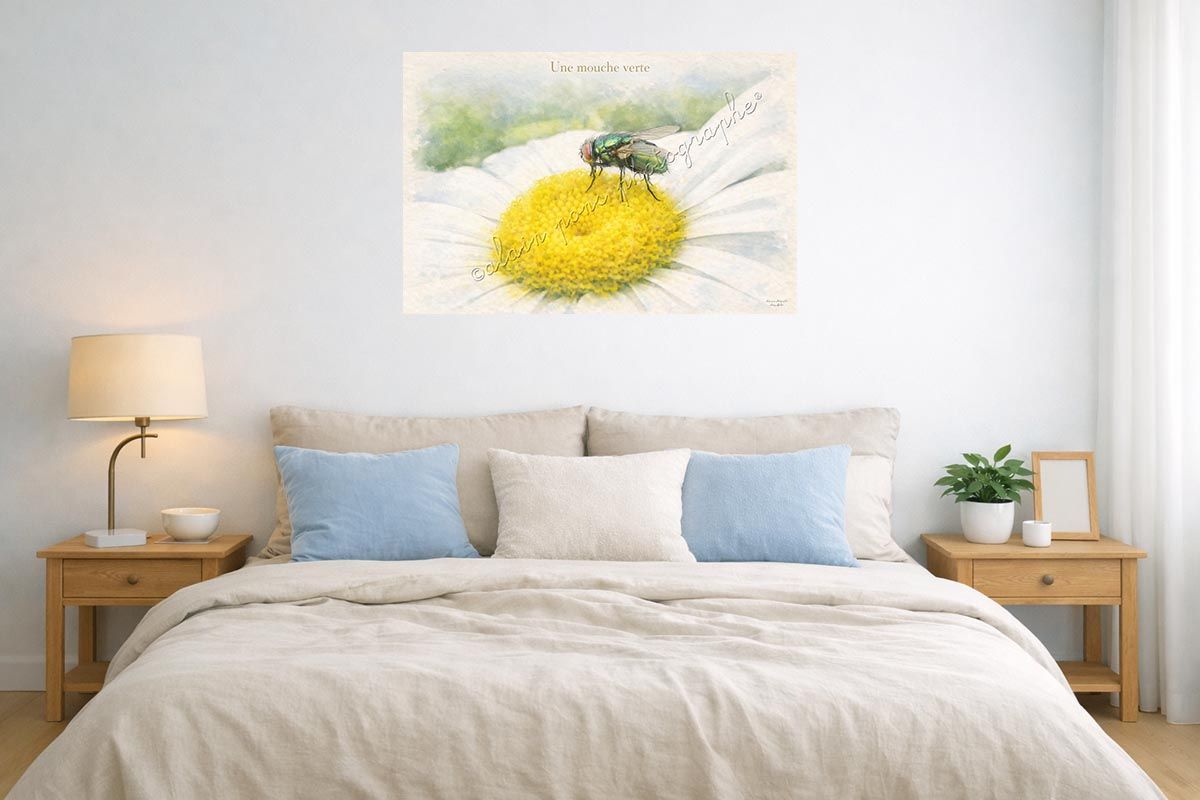 affiche vintage une mouche verte présentée ici en suggestion de décoration dans une chambre
