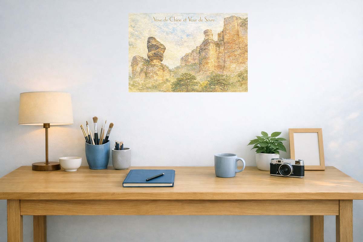 Affiche vintage vase de Chine et vase de Sèvre, ici en idée de décoration en présentation dans un bureau