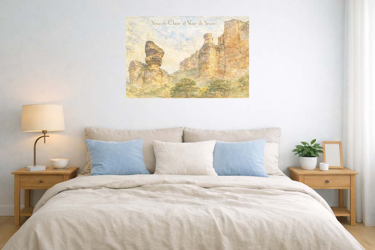 Affiche vintage vase de Chine et vase de Sèvre, ici en idée de décoration en présentation dans une chambre