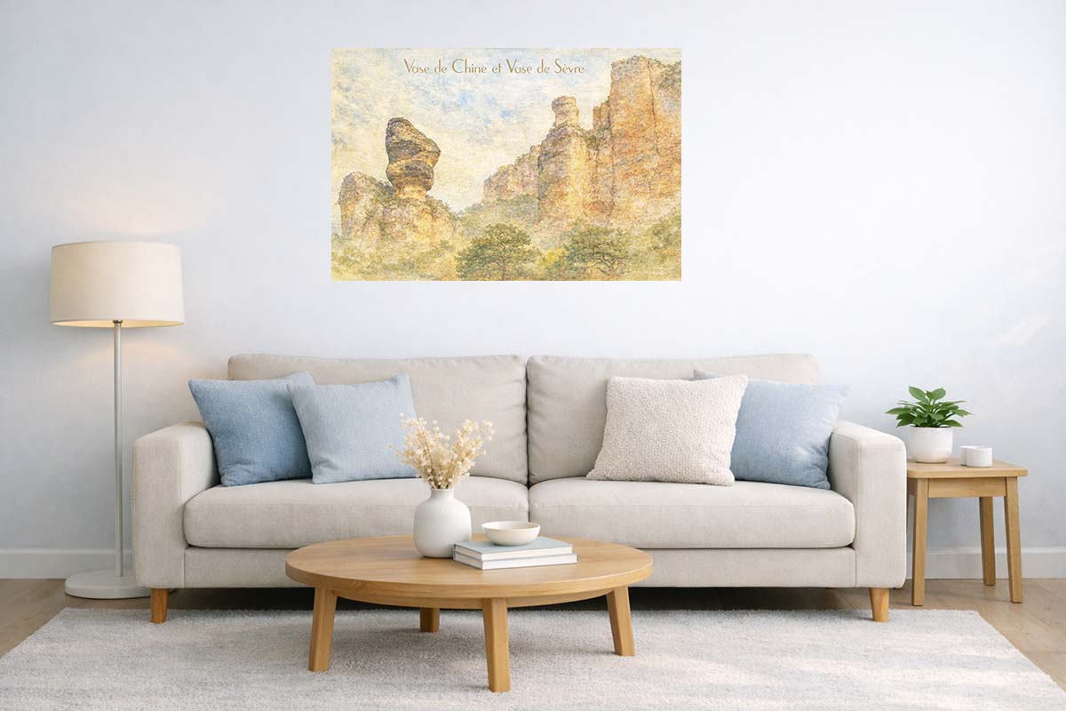 Affiche vintage vase de Chine et vase de Sèvre, ici en idée de décoration en présentation dans un salon