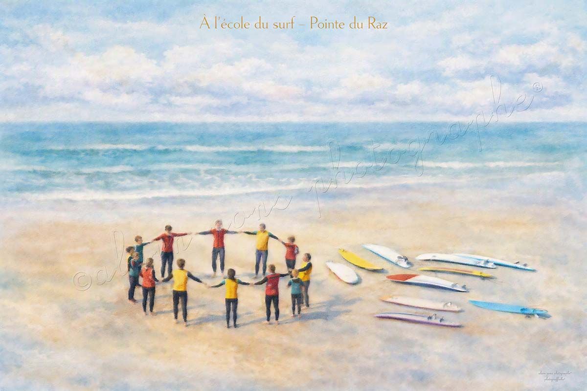 affiche vintage école de surf pointe du raz, baie des trépassés