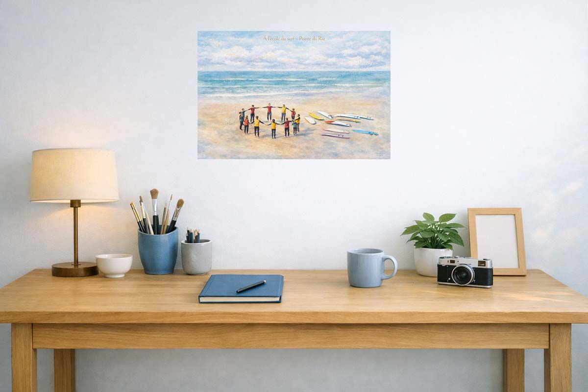 affiche vintage école de surf à la pointe du raz, baie des trépassés, ici en suggestion de décoration dans un bureau