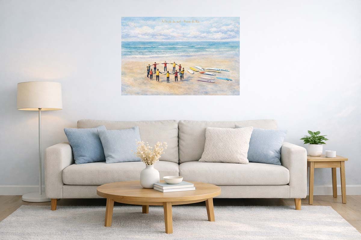 affiche vintage école de surf à la pointe du raz, baie des trépassé, ici en suggestion de décoration dans un salon