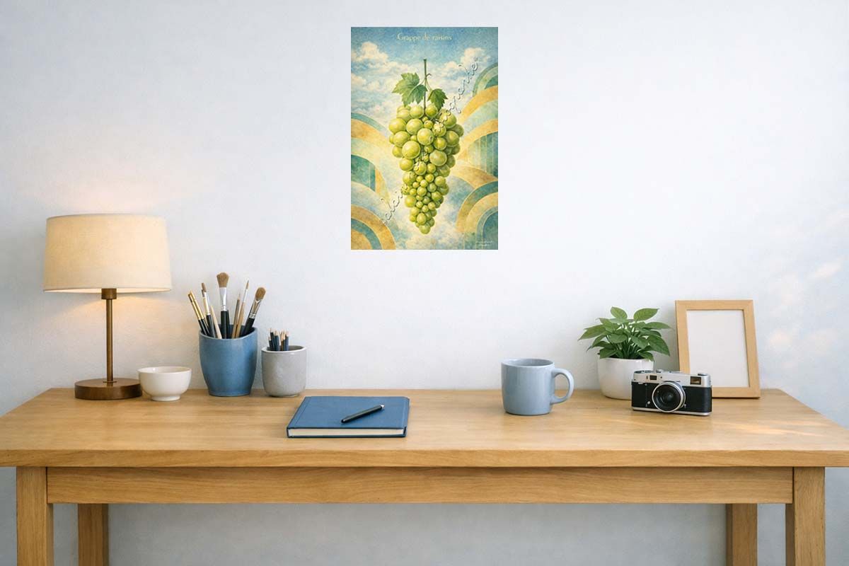 affiche vintage la grappe de raisins présentée ici en décoration dans un bureau