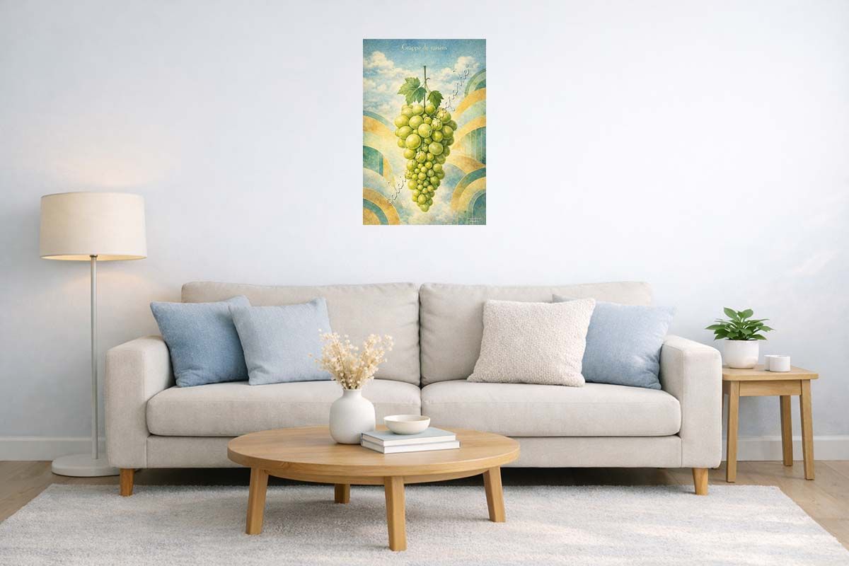 affiche vintage la grappe de raisins présentée ici en décoration dans un salon